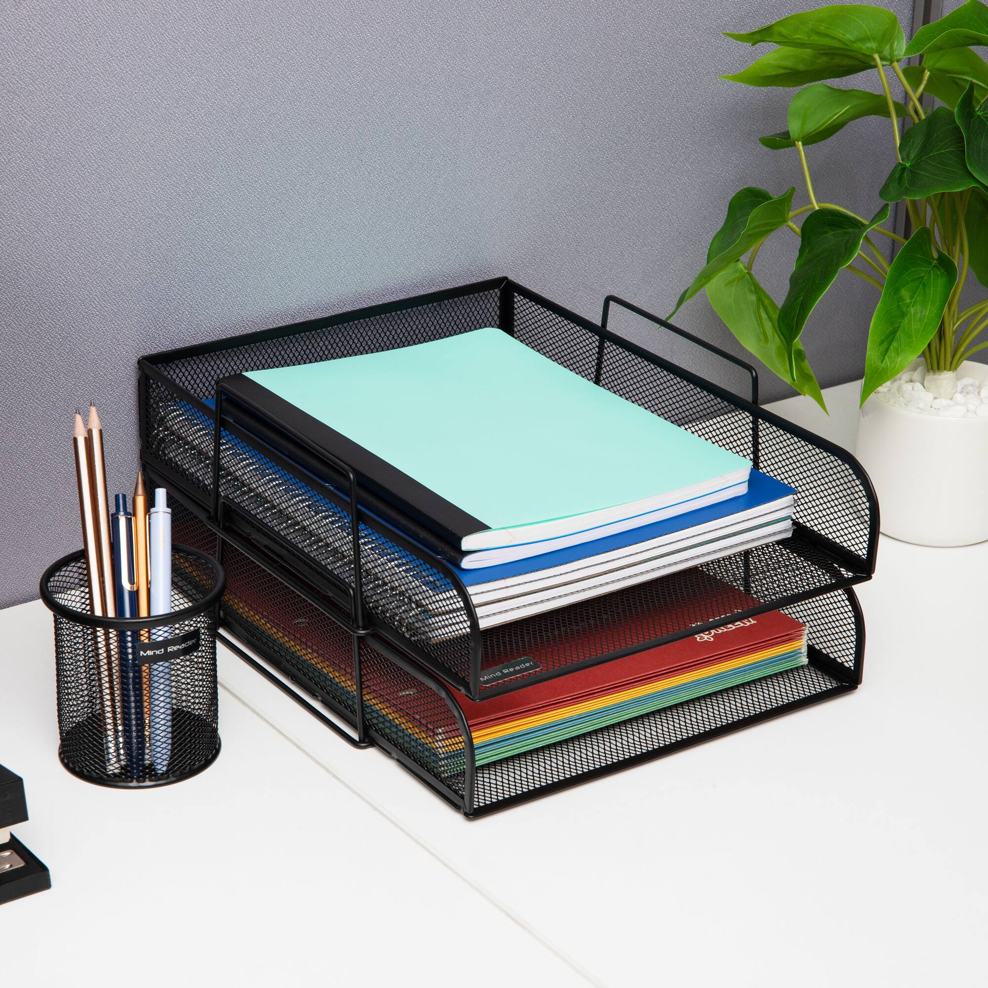 Mind Reader Stackable Paper Tray, Desktop Organizer, File Storage, Office, Metal Mesh, 10.5"L x 13.5"W x 11.25"H, 4 Pcs., Black